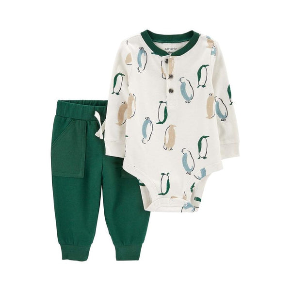 Carter's Erkek Bebek 2'li Alt Üst Set Yeşil, Beyaz Penguenli