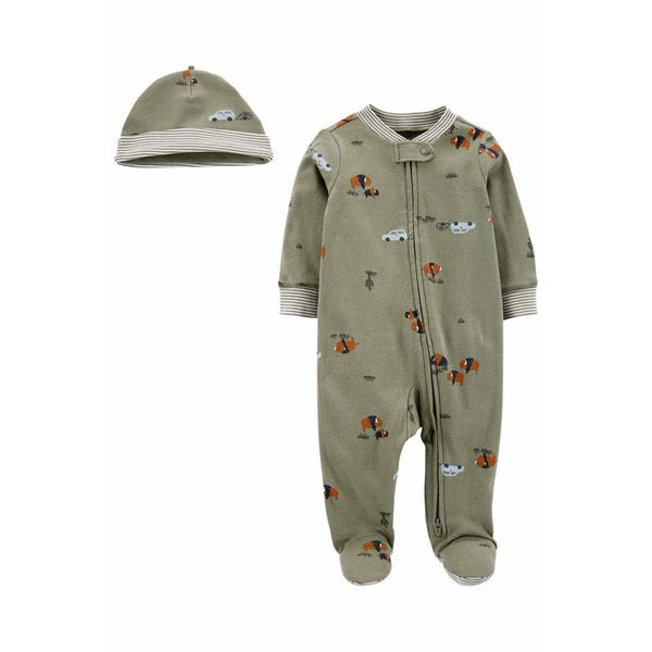 Carter's Erkek Bebek Tulum Şapka Set - Haki araba desenli