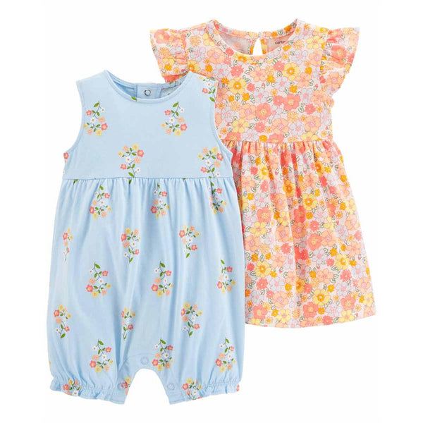 Carter's Kız Bebek Elbise Tulum 2'li Set Mavi, Pembe Çiçekli