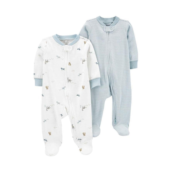 Carter's Layette Erkek Bebek 2'li Tulum Set - Mavi/ Beyaz Hayvan baskılı