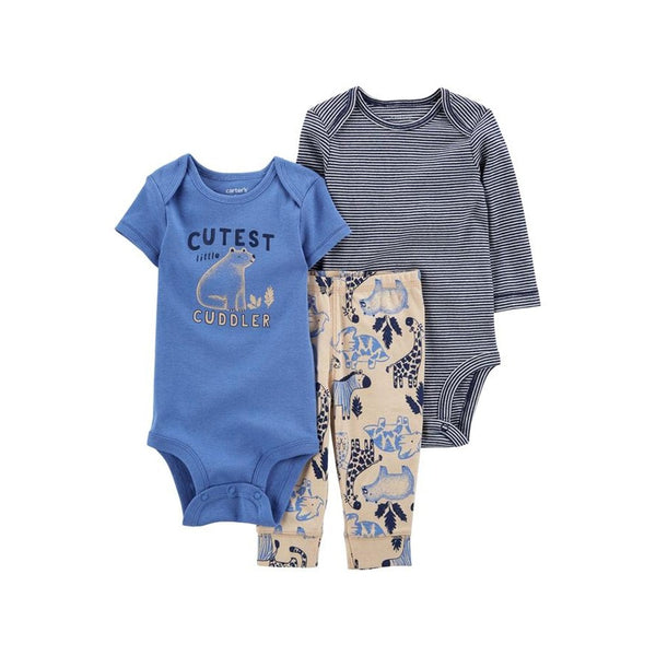 Carter's Layette Erkek Bebek 3'lü Body Pantolon Set - Mavi/Gri Hayvan baskılı