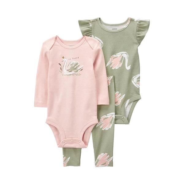 Carter's Layette Kız Bebek 3'lü Alt Üst Set Yeşil Kuğu Desenli