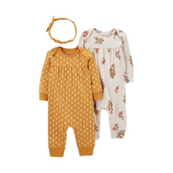 Carter's Layette Kız Bebek 3'lü Tulum Set - Sarı/Gri çiçekli