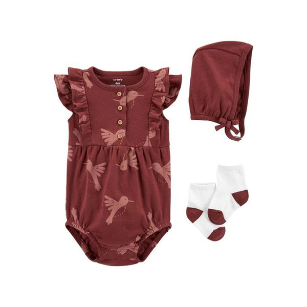 Carter's Layette Kız Bebek 3'lü Elbise Set Pembe Kuş Baskılı - Pembe kuş baskılı