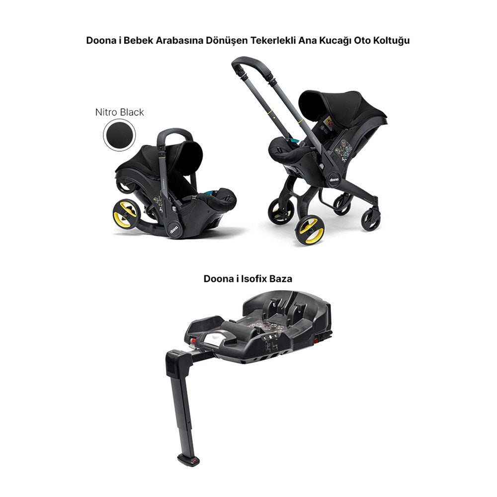 Doona i Bebek Arabasına Dönüşen i-Size Ana Kucağı Oto Koltuğu Isofix Baza Hediyeli - Nitro Black