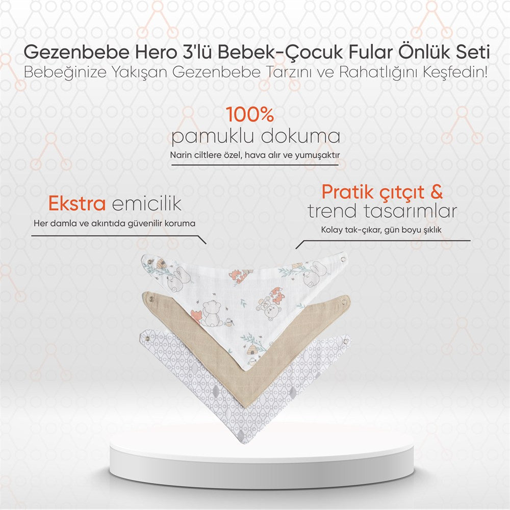 Gezenbebe Hero 3'lü Bebek-Çocuk Fular Önlük Seti Teddy