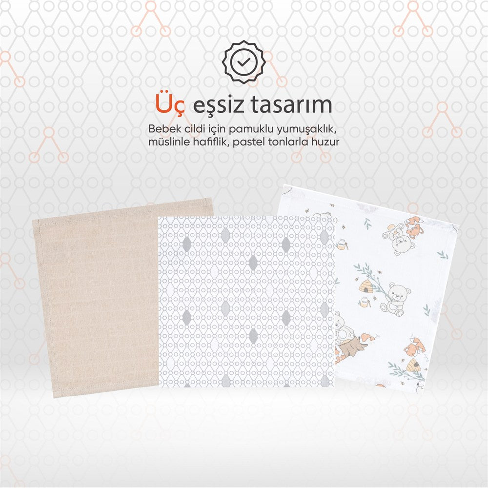Gezenbebe Hero 3'lü Müslin Ağız ve Omuz Bezi Seti (30x30) Teddy