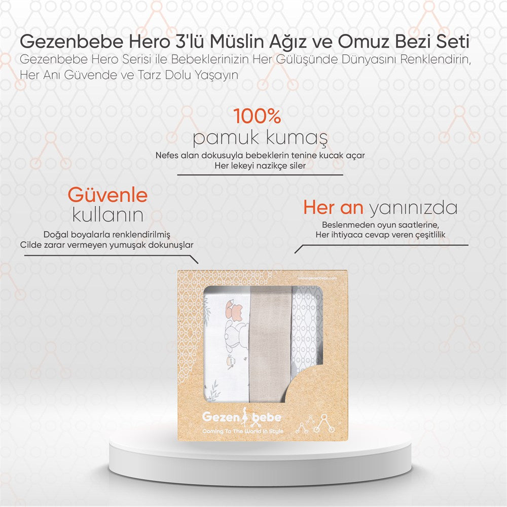 Gezenbebe Hero 3'lü Müslin Ağız ve Omuz Bezi Seti (30x30) Teddy