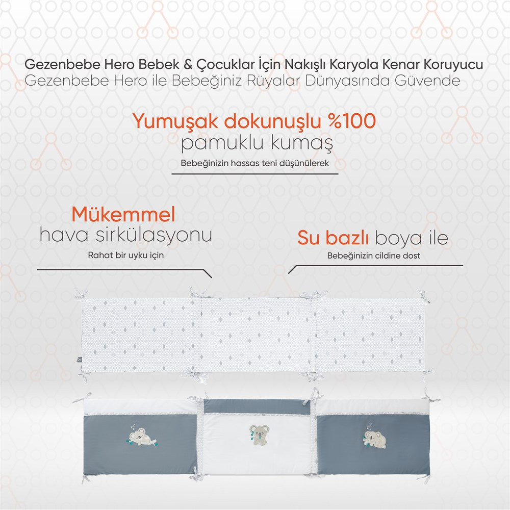 Gezenbebe Hero Bebek & Çocuklar İçin Nakışlı Karyola Kenar Koruyucu (40X180) Koala