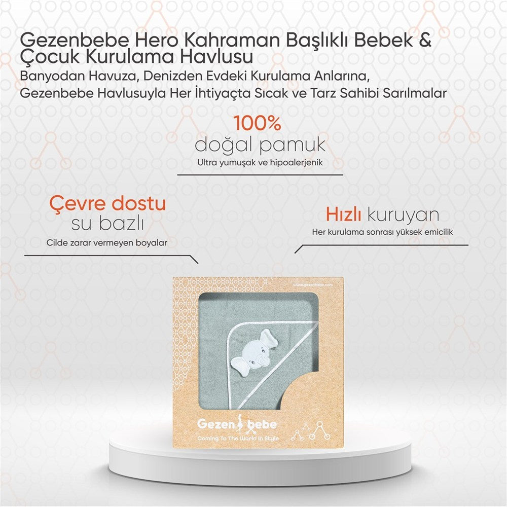 Gezenbebe Hero Kahraman Başlıklı Kundak Bebek Havlusu Elephant