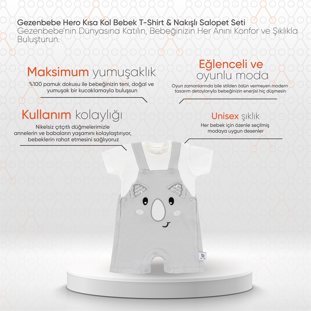 Gezenbebe Hero Kısa Kol Bebek T-Shirt & Nakışlı Salopet Seti Koala