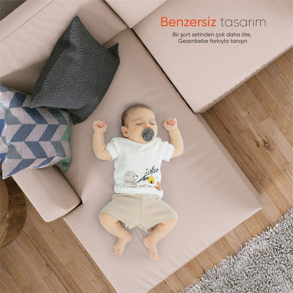 Gezenbebe Hero Kısa Kol Desenli Bebek T-Shirt & Nakışlı Şort Seti Teddy (Organik)