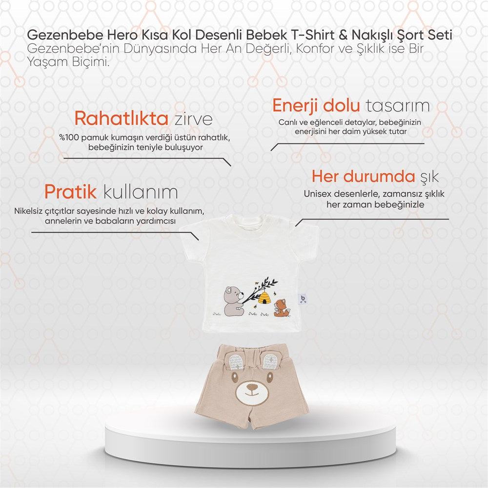 Gezenbebe Hero Kısa Kol Desenli Bebek T-Shirt & Nakışlı Şort Seti Teddy (Organik)