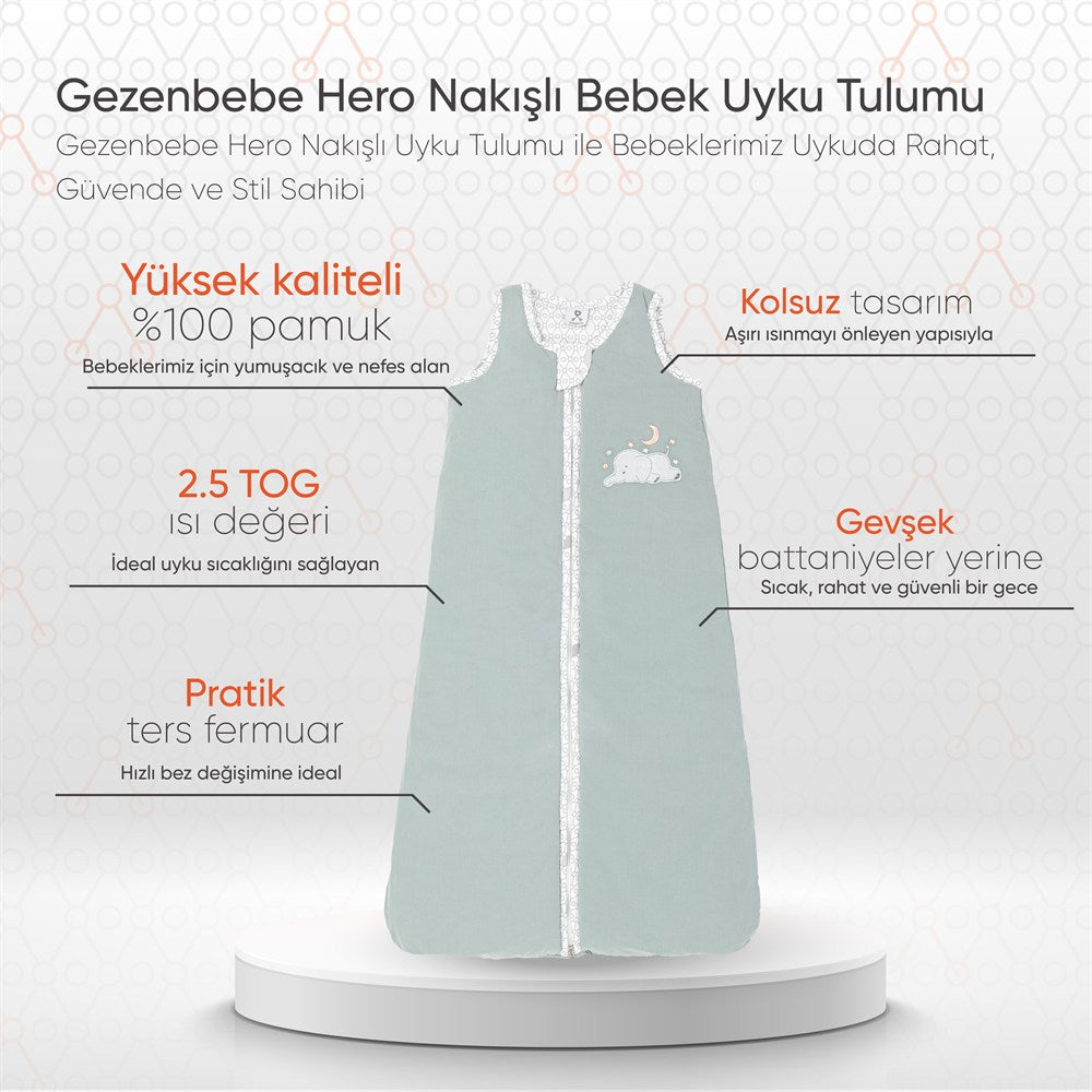 Gezenbebe Hero Nakışlı Bebek Uyku Tulumu (90cm) Elephant