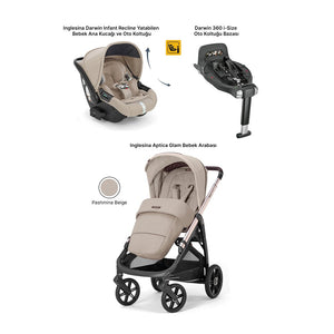 Inglesina Aptica Glam Tek El ile Açılabilen Çift Yön Bebek Arabası Yatabilen Ana Kucağı Baza 3lü Set - Pashmina Beige