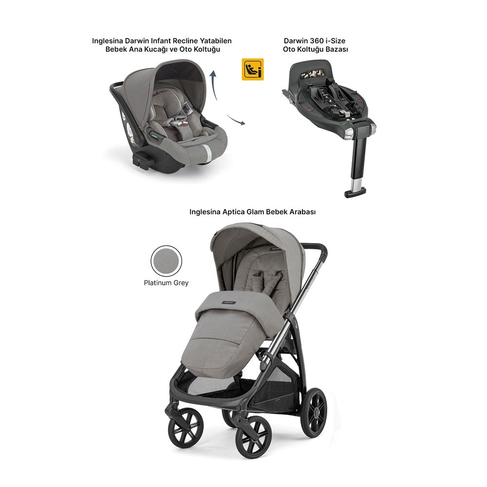 Inglesina Aptica Glam Tek El ile Açılabilen Çift Yön Bebek Arabası Yatabilen Ana Kucağı Baza 3lü Set - Platinum Grey