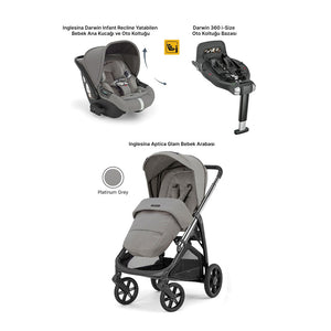 Inglesina Aptica Glam Tek El ile Açılabilen Çift Yön Bebek Arabası Yatabilen Ana Kucağı Baza 3lü Set - Platinum Grey