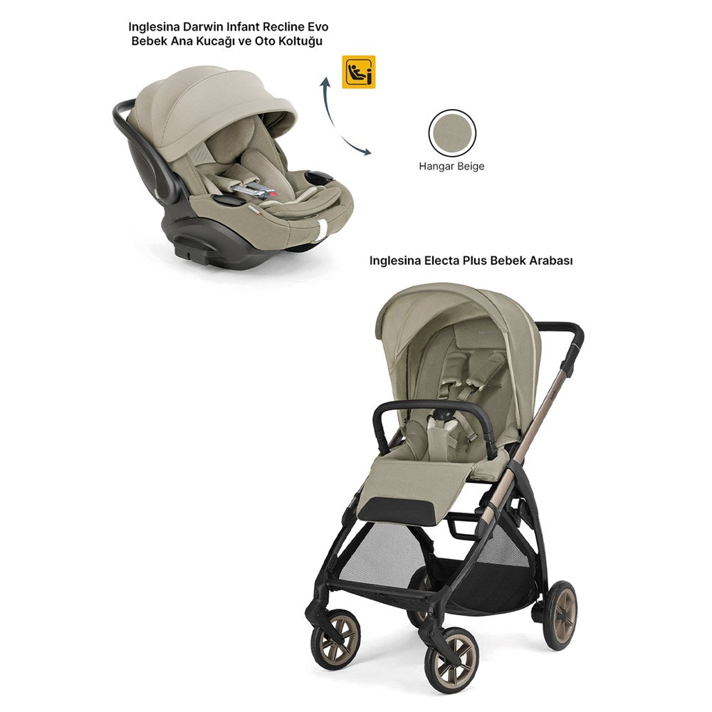 Inglesina Electa Plus Bebek Arabası ile Yatabilen Darwin Recline Evo Ana Kucağı 2li Set - Hangar Beige