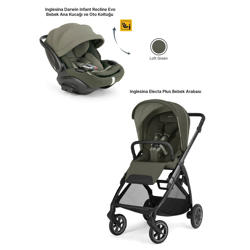 Inglesina Electa Plus Bebek Arabası ile Yatabilen Darwin Recline Evo Ana Kucağı 2li Set - Loft Green