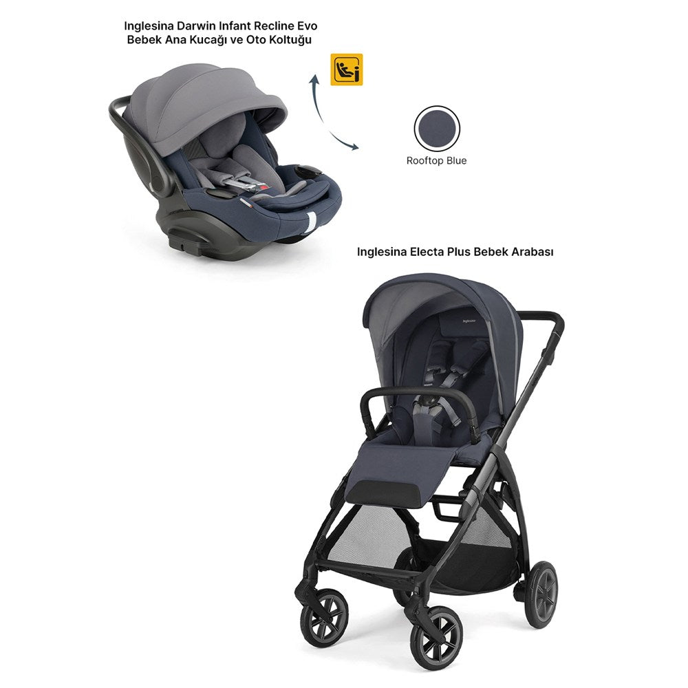Inglesina Electa Plus Bebek Arabası ile Yatabilen Darwin Recline Evo Ana Kucağı 2li Set - Rooftop Blue