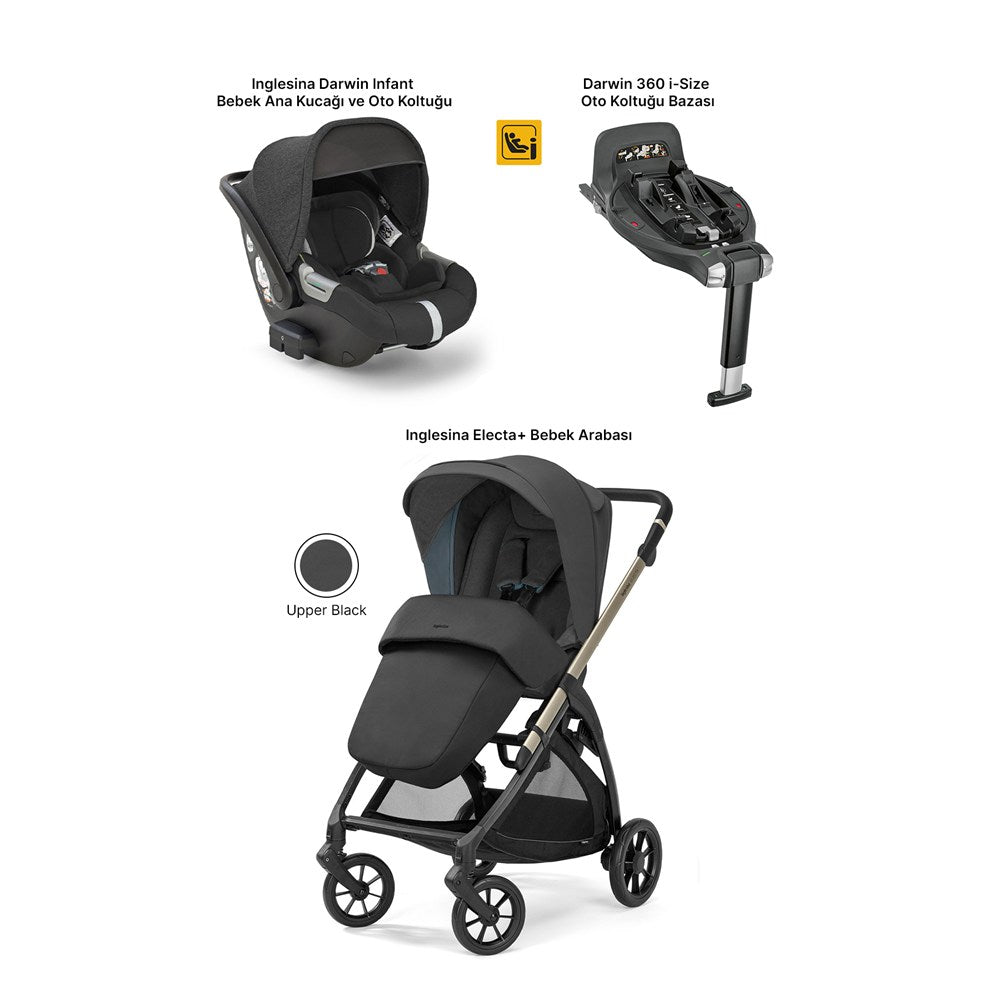 Inglesina Electa+ Tek El Katlanıp Açılan Çift Yön Bebek Arabası Ana Kucağı+Baza 3lü Set - Upper Black
