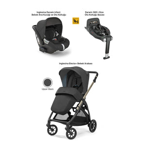 Inglesina Electa+ Tek El Katlanıp Açılan Çift Yön Bebek Arabası Ana Kucağı+Baza 3lü Set - Upper Black