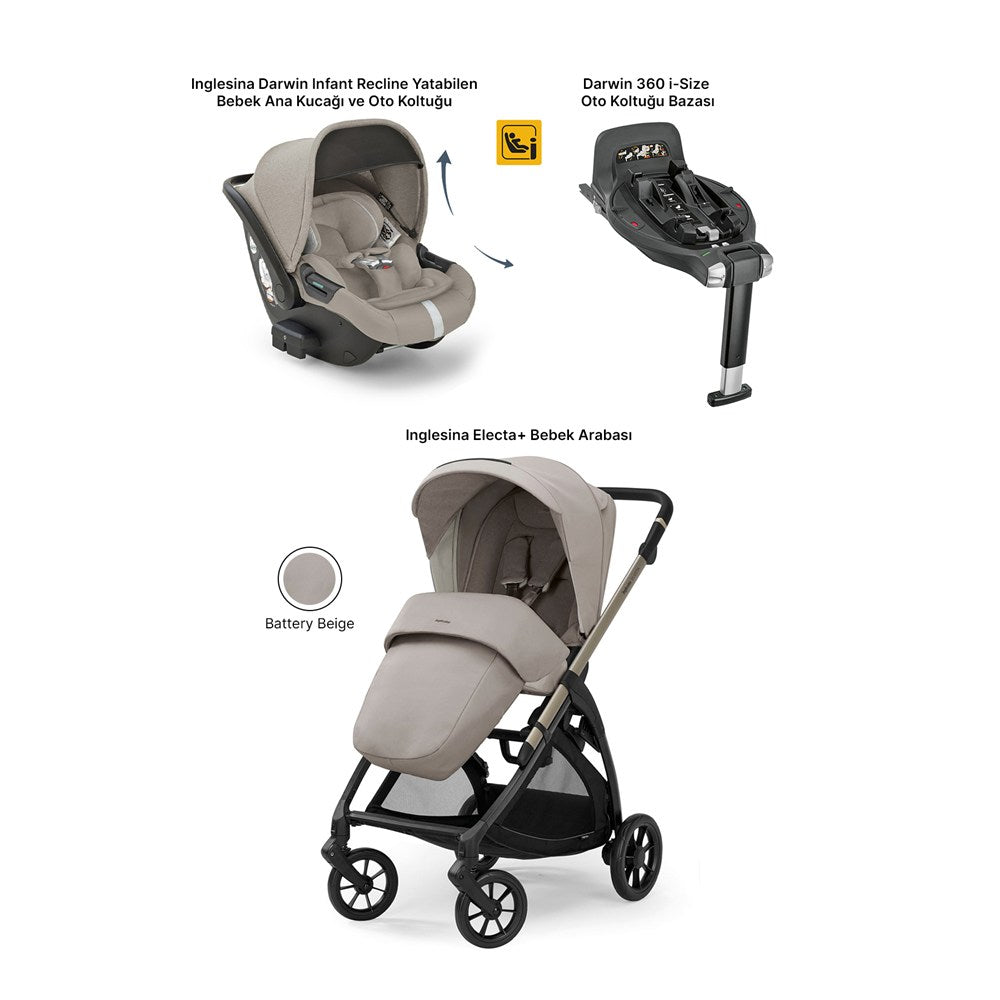 Inglesina Electa+ Tek El Katlanıp Açılan Çift Yön Bebek Arabası Yatabilen Ana Kucağı+Baza 3lü Set - Battery Beige