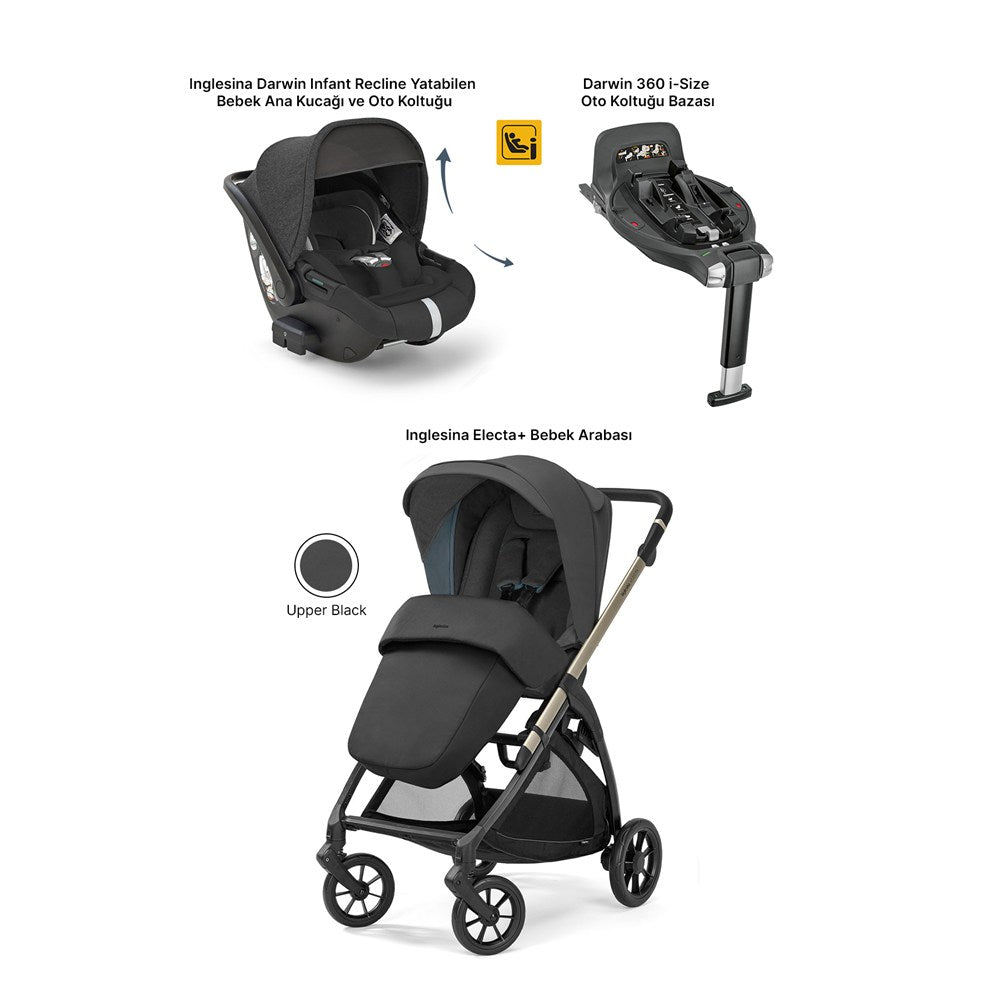 Inglesina Electa+ Tek El Katlanıp Açılan Çift Yön Bebek Arabası Yatabilen Ana Kucağı+Baza 3lü Set - Upper Black