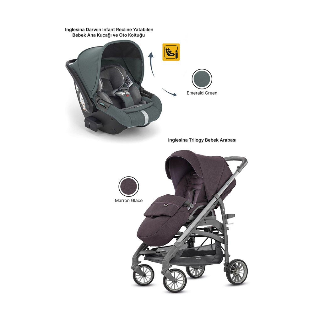Inglesina Trilogy Tek El Katlanır Bebek Arabası + Darwin Recline Yatabilen Ana Kucağı - Emerald Green