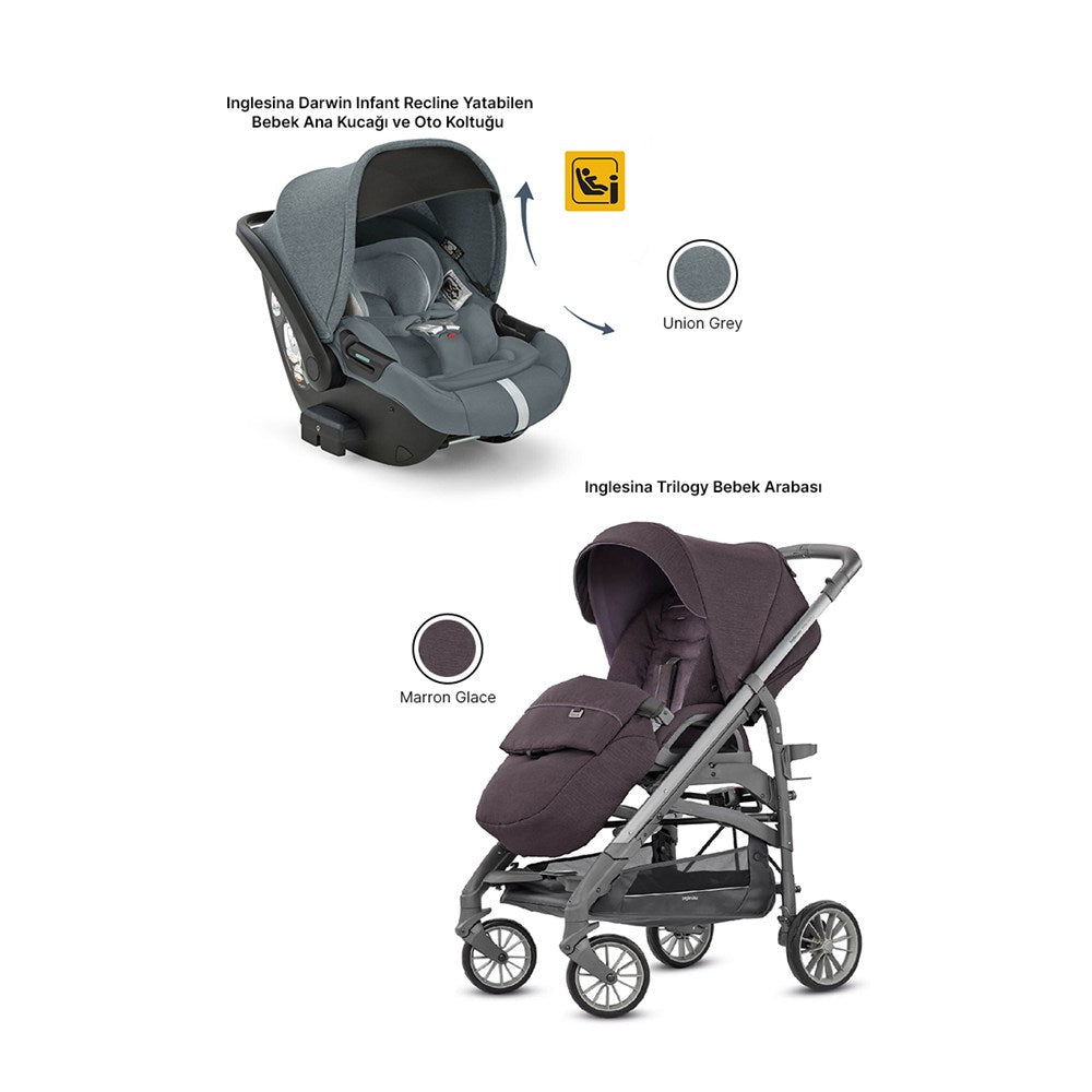 Inglesina Trilogy Tek El Katlanır Bebek Arabası + Darwin Recline Yatabilen Ana Kucağı - Union Grey