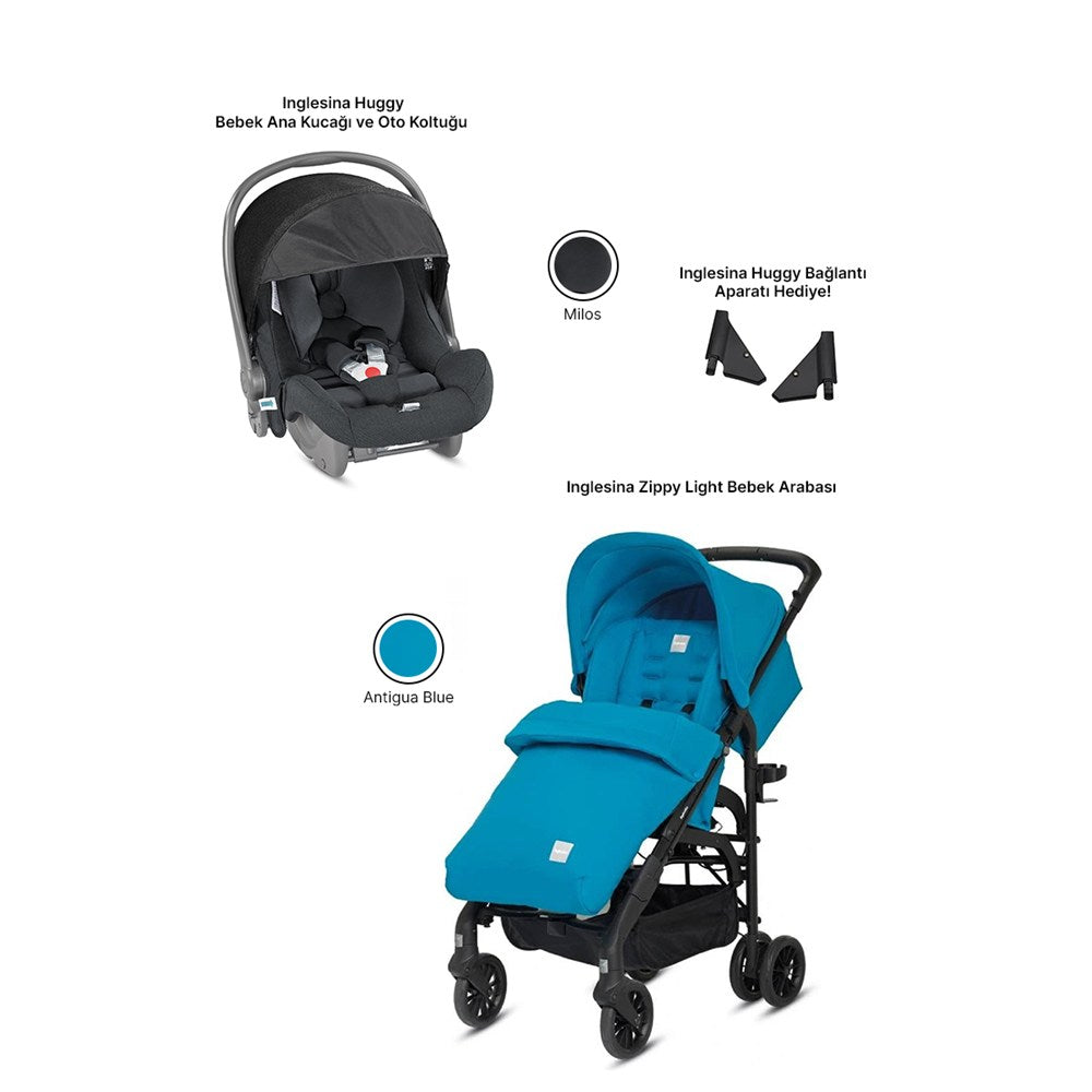 Inglesina Zippy Light Bebek Arabası + Huggy Ana Kucağı Seti - Blue