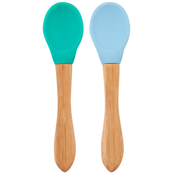 OiOi Silikon Mama Kaşığı 2'li Bambu Saplı - Aqua Green/Mineral Blue