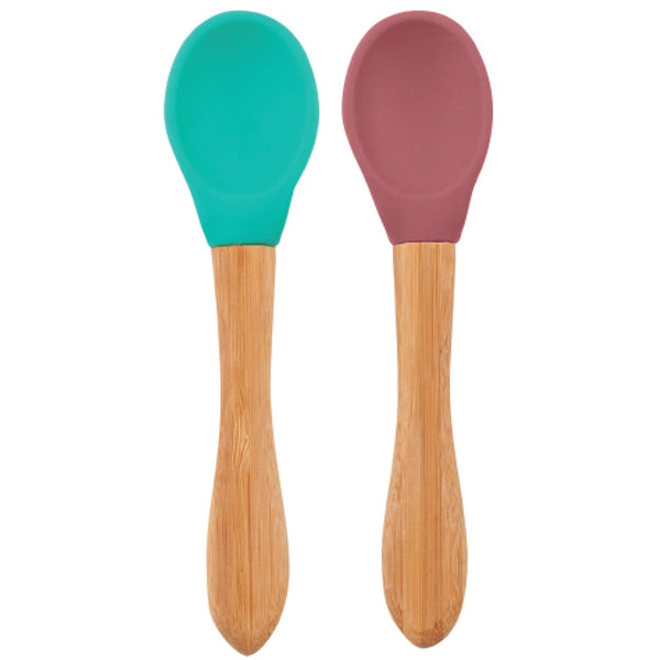 OiOi Silikon Mama Kaşığı 2'li Bambu Saplı - Aqua Green/Velvet Rose