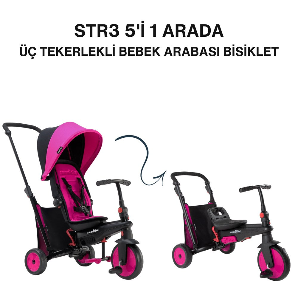 SmarTrike STR3 Plus 5’i 1 Arada Modüler Katlanabilir Bebek Arabası ve Üç Tekerlekli Bebek Bisikleti - Pink