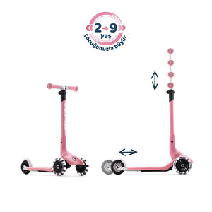 SmarTrike Xtend Mini+ 2 Aşamalı Büyüyen Çocuk Scooter – 2-9 Yaş Katlanabilir LED Tekerlekli - Rose Pink