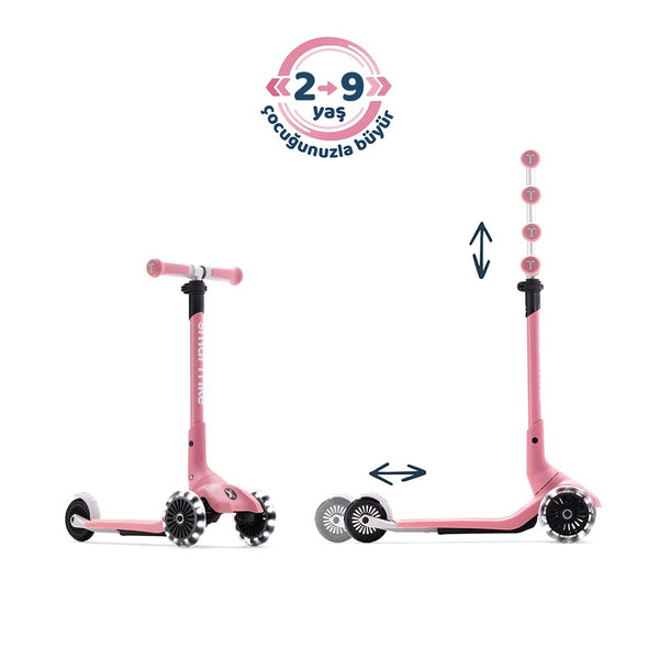 SmarTrike Xtend Mini+ 2 Aşamalı Büyüyen Çocuk Scooter – 2-9 Yaş Katlanabilir LED Tekerlekli - Rose Pink