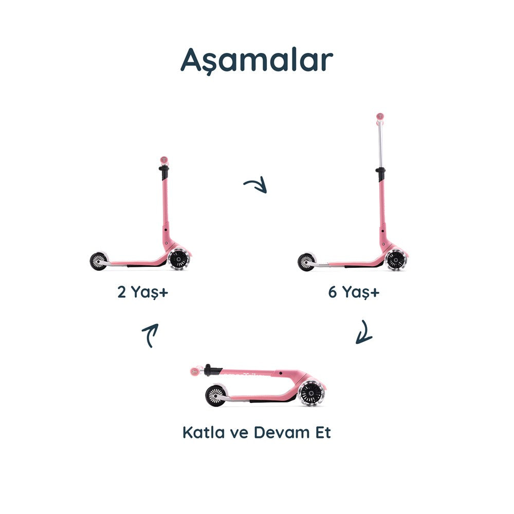 SmarTrike Xtend Mini+ 2 Aşamalı Büyüyen Çocuk Scooter – 2-9 Yaş Katlanabilir LED Tekerlekli - Rose Pink