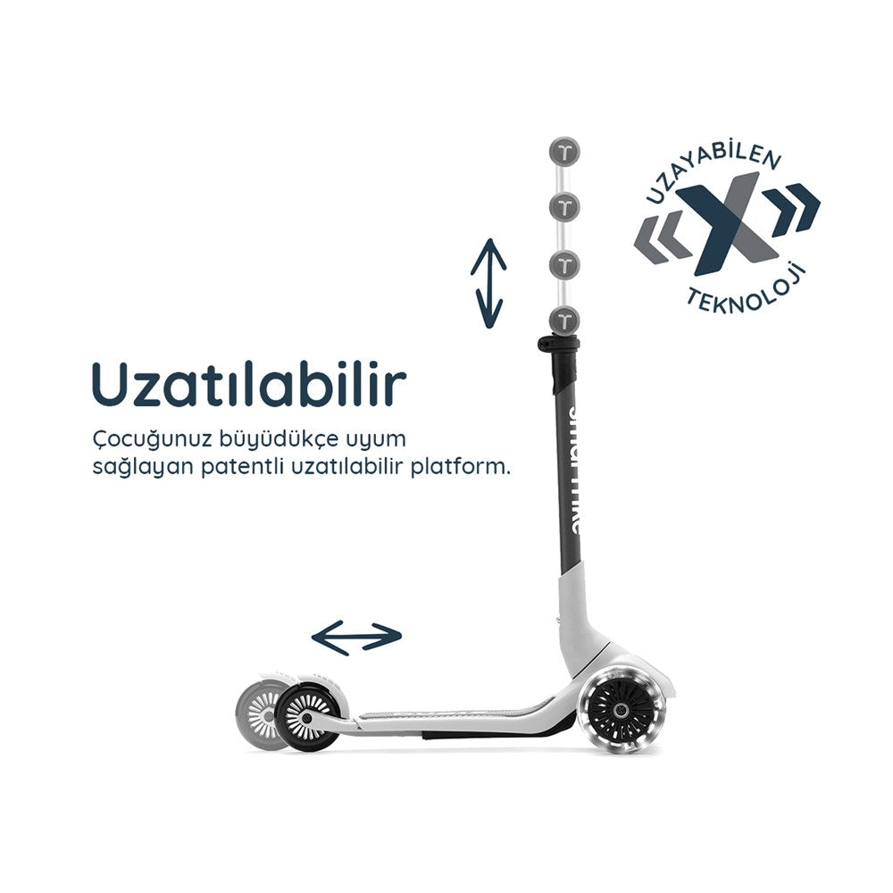 SmarTrike Xtend Mini-Ride 4 Aşamalı Büyüyen Oturaklı Scooter – 1-9 Yaş Katlanabilir LED Tekerlekli - Pearl Grey