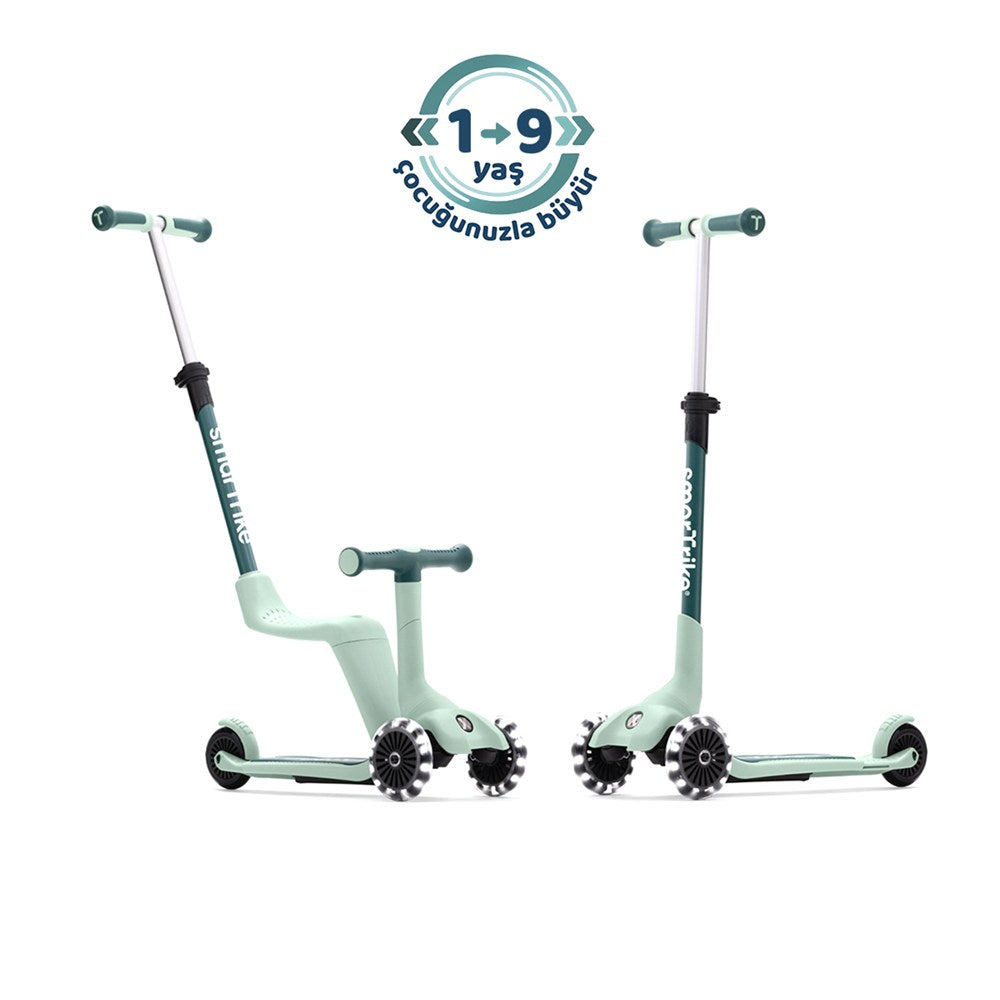SmarTrike Xtend Mini-Ride 4 Aşamalı Büyüyen Oturaklı Scooter – 1-9 Yaş Katlanabilir LED Tekerlekli - Sage Green