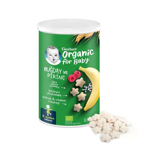 Gerber Organik Pirinçli Buğdaylı Muzlu ve Ahududulu Bebek ve Küçük Çocuk Atıştırmalığı