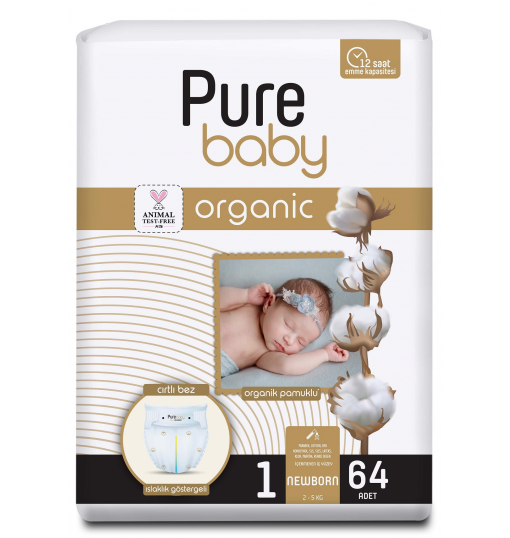 Pure Baby Organik Pamuklu Cırtlı 2Li Jumbo Yenidoğan 1 Numara 64 Adet