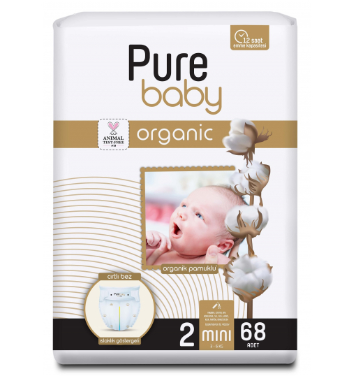 Pure Baby Organik Pamuklu Cırtlı 2Li Jumbo Mini 2 Numara 68 Adet