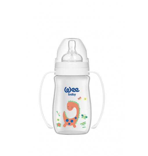 Wee Baby Klasik Plus Geniş Ağızlı Kulplu PP Biberon 250 ml - BEYAZ DİNOZOR