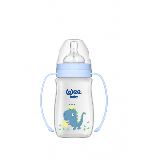 Wee Baby Klasik Plus Geniş Ağızlı Kulplu PP Biberon 250 ml - Mavi Dinazor