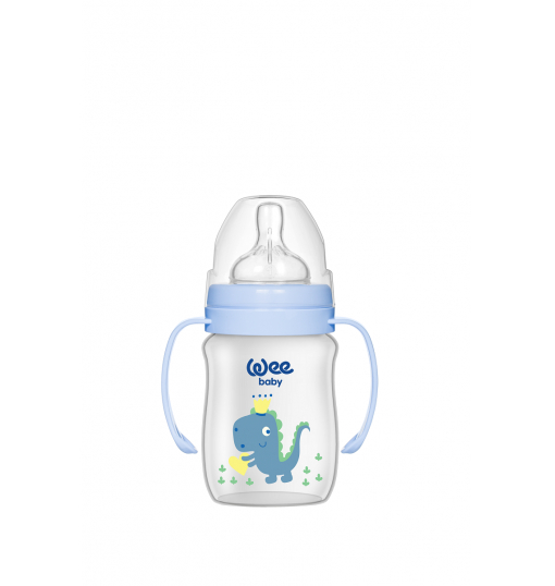 Wee Baby Klasik Plus Geniş Ağızlı Kulplu PP Biberon 150 ml - Mavi Dinazor