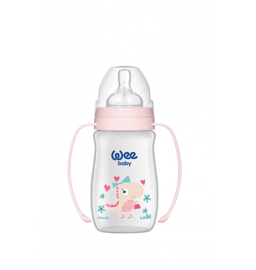 Wee Baby Klasik Plus Geniş Ağızlı Kulplu PP Biberon 250 ml-Pembe Dinazor